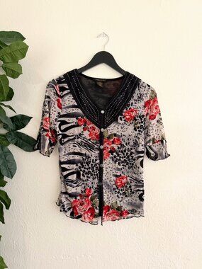 Design Works Vintage Rose Animal Print Blouse Rhinestone Top Petite Medium